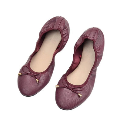 Solid Color Shallow Mouth PU Ballet Shoes Thread Bowknot Ballet Flats Women Foldable Lightweight Chicken Rolls Dance Shoes Yoga