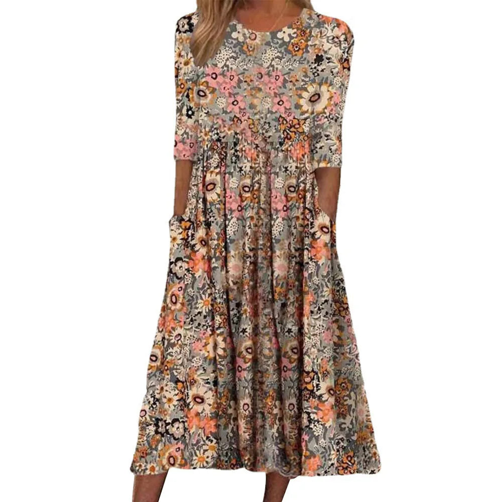 Women's Spring/Summer round Neck Pullover Dress with Pockets Middle Sleeve Loose Casual Print Midi Length