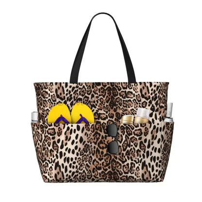 Leopard Print Large Waterproof Beach Bag for Women Sandproof Tote Bag Pool Bag with Zipper and Pockets for Travel Vacation Gym