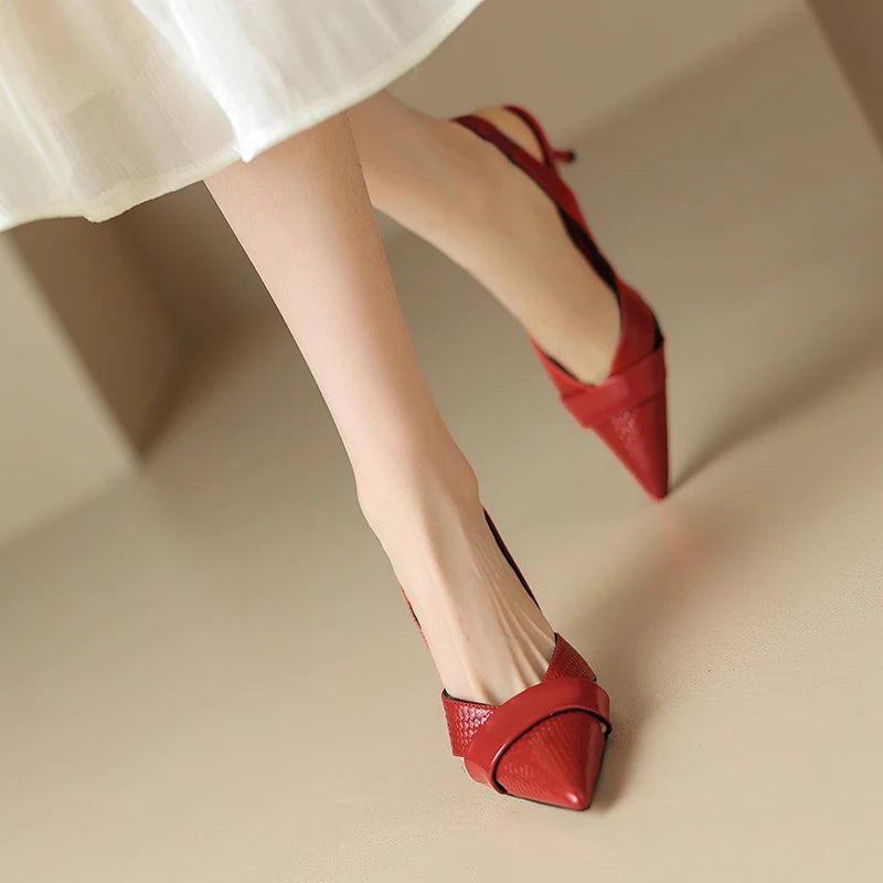 【JOCHEBED HU】Brand Genuine Leather Pointed Toe Slingback Kitten Heel Sandals Women Stiletto High Heels Summer Designer Party