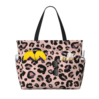 Leopard Print Large Waterproof Beach Bag for Women Sandproof Tote Bag Pool Bag with Zipper and Pockets for Travel Vacation Gym