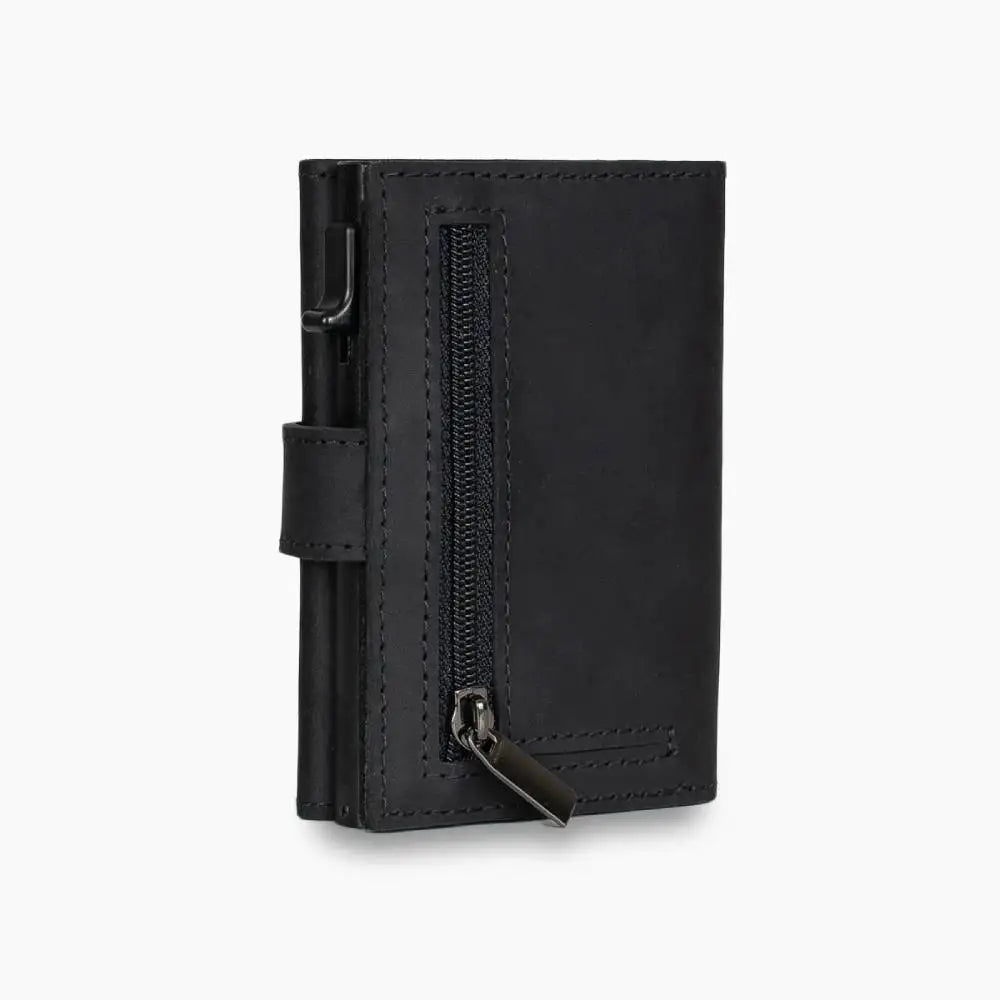 Casekey Men Credit Metal Card Holder RFID Blocking Minimalist Crazy Horse Genuine Leather Pop Up Trifold Wallet with Coin Purse