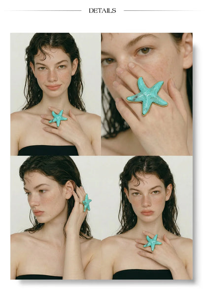 Yhpup 4 Color Ocean Style Acrylic Resin Big Starfish Adjustable Ring Stainless Steel Summer Vacation Jewelry for Women Tropical