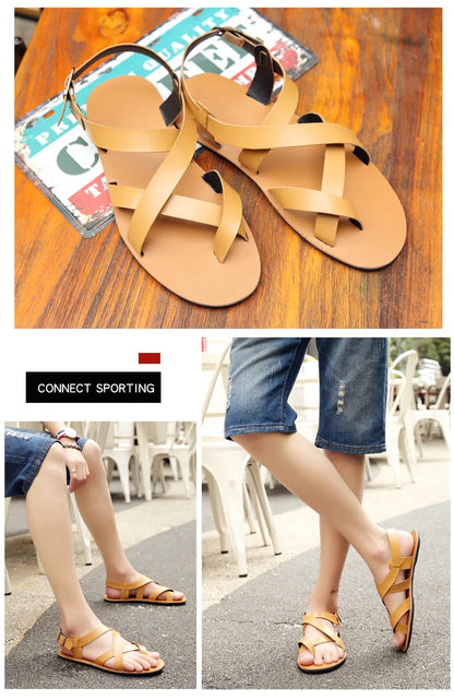 New Summer Men Sandals Leather Vintage Flat Heel Solid Buckle Beach Gladiator Sandals Shoes Breathable Men Flip Flops Sandals
