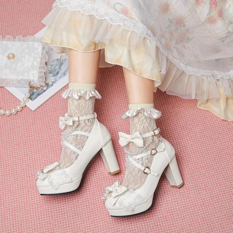 Cross Strap Women High Heels Mary Jane Pumps Party Wedding Cosplay White Pink Black Strawberry Bow Princess 2025 Lolita Shoes