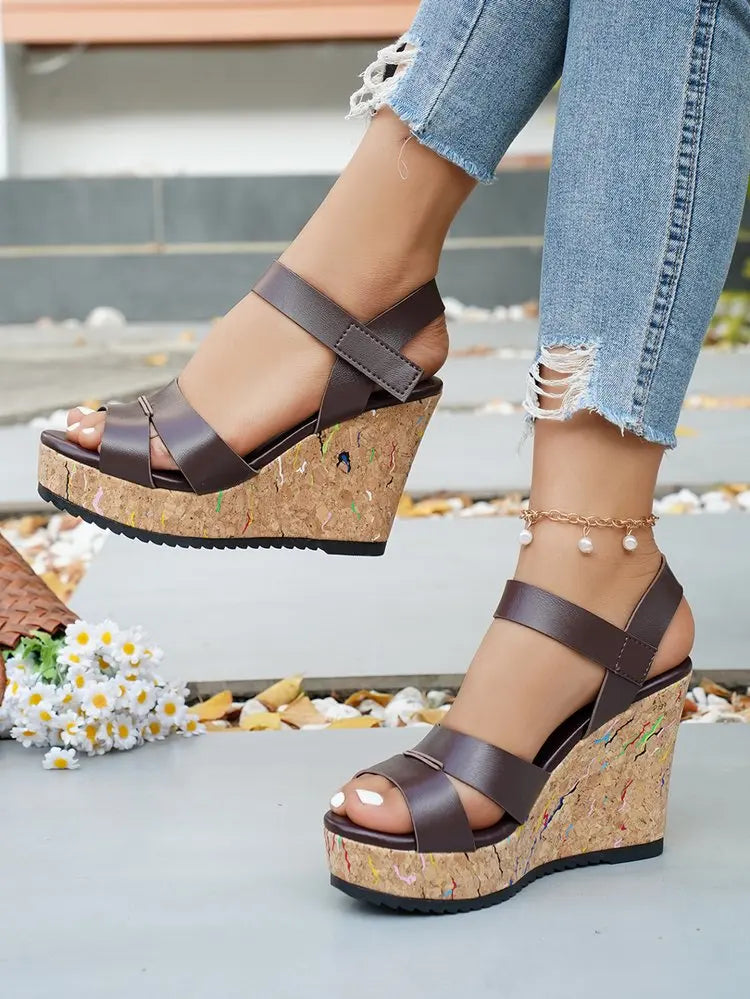 Women's Silver Chunky Platform Sandals 2026 Summer Cork Thick Sole Wedge Sandals Woman Plus Size 43 Pu Leather Casual Shoes