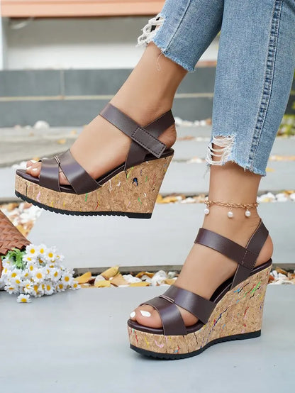 Women's Silver Chunky Platform Sandals 2026 Summer Cork Thick Sole Wedge Sandals Woman Plus Size 43 Pu Leather Casual Shoes