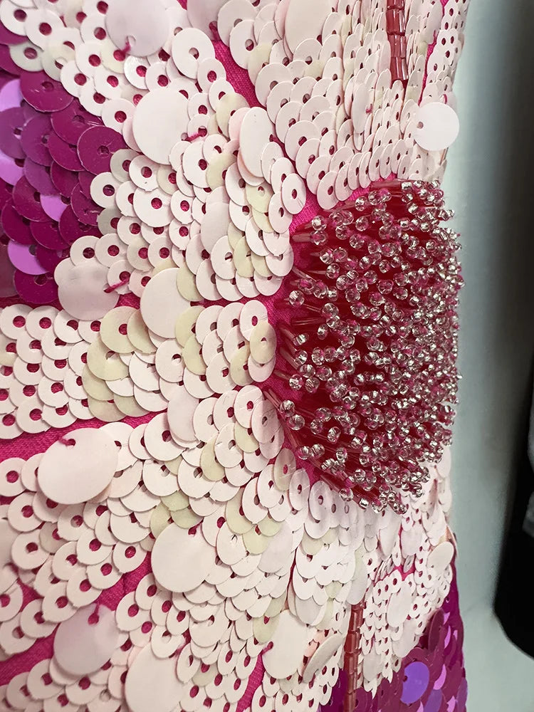 HIGH STREET Newest 2026 Designer Fashion Women's Beaded Sequin Three-Dimensional Flower Short Sleeved Midi Dress