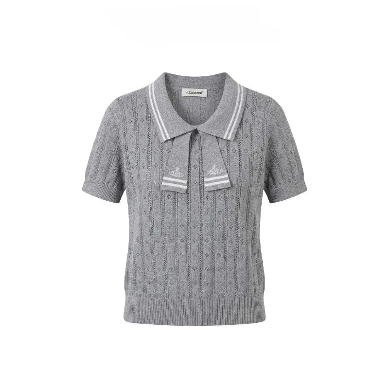 Summer College Style Knitted Collar Girls' T-shirt Simple, Breathable, Comfortable Short Sleeved Commuting Texture High-end Top