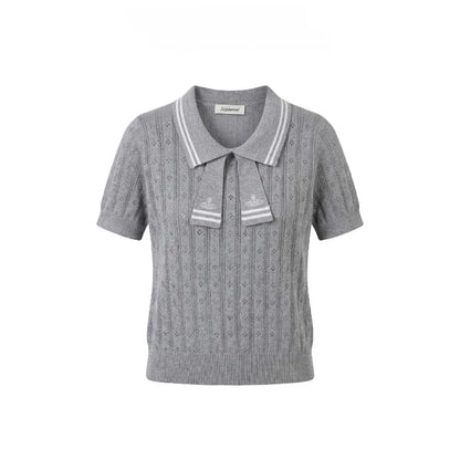 Summer College Style Knitted Collar Girls' T-shirt Simple, Breathable, Comfortable Short Sleeved Commuting Texture High-end Top