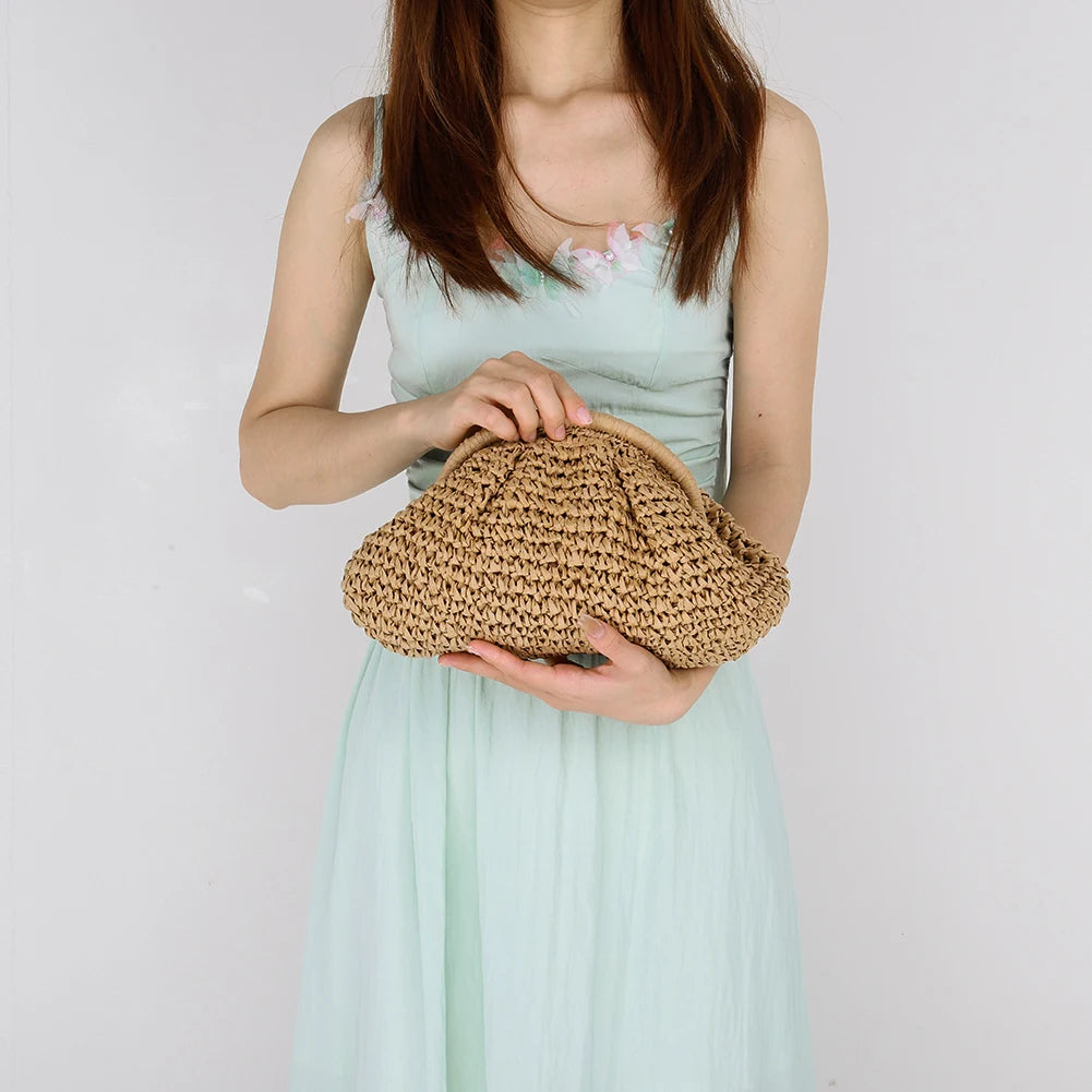 Women Straw Woven Bag Chain Strap Fashion Shoulder Bag Large Capacity Weaving Satchel Bag Solid Color for Party Vacation