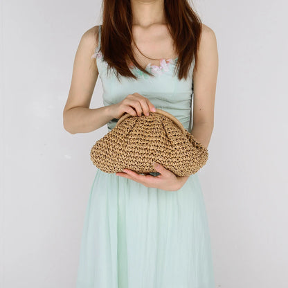 Women Straw Woven Bag Chain Strap Fashion Shoulder Bag Large Capacity Weaving Satchel Bag Solid Color for Party Vacation