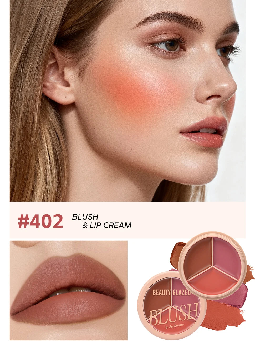 3-color blush palette-cream 2-in-1 multifunctional facial lip makeup, berry, pink, red waterproof