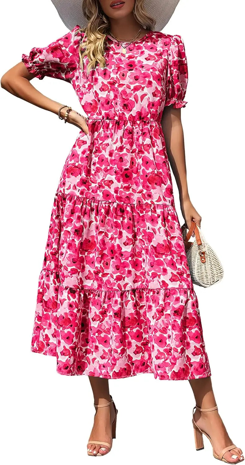Summer Dresses for Women 2026 Casual Floral Boho Midi Sun DrPuff Short Sleeve Flowy Beach Vacation Sundress