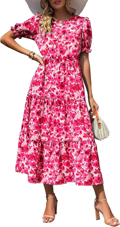 Summer Dresses for Women 2026 Casual Floral Boho Midi Sun DrPuff Short Sleeve Flowy Beach Vacation Sundress