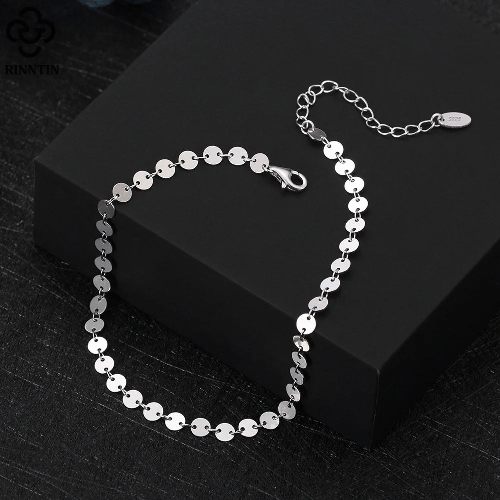 Rinntin Italian Sparkle Mirror Link Chain Anklet Women's 925 Silver Summer Foot Chain Bracelet Fashion Ankle Straps Jewelry SA29