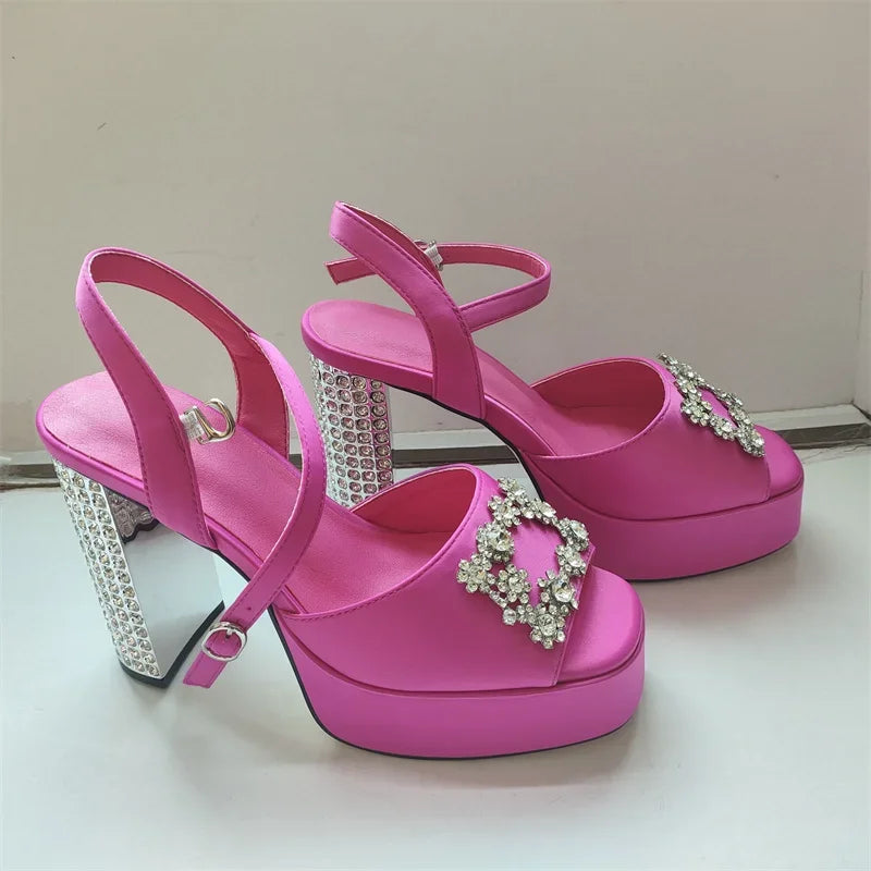 Square Headed Satin Banquet Sandals 2026 New Rhinestone Thick Heel High Heels 35-43 Leather Waterproof Platform Show Women Shoes