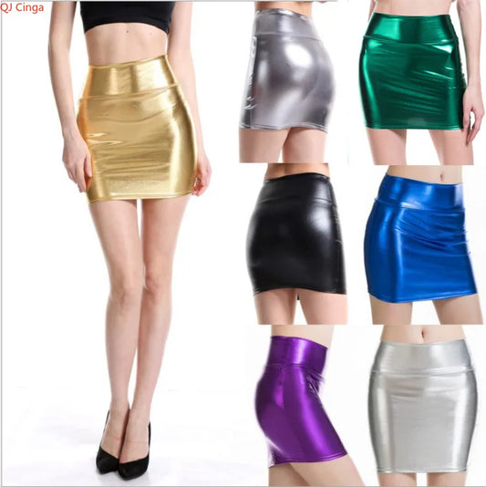 Women's Fashionable and Sexy Shiny Gold Mini Skirt, Available in Black, Purple, Silver, and Green.
