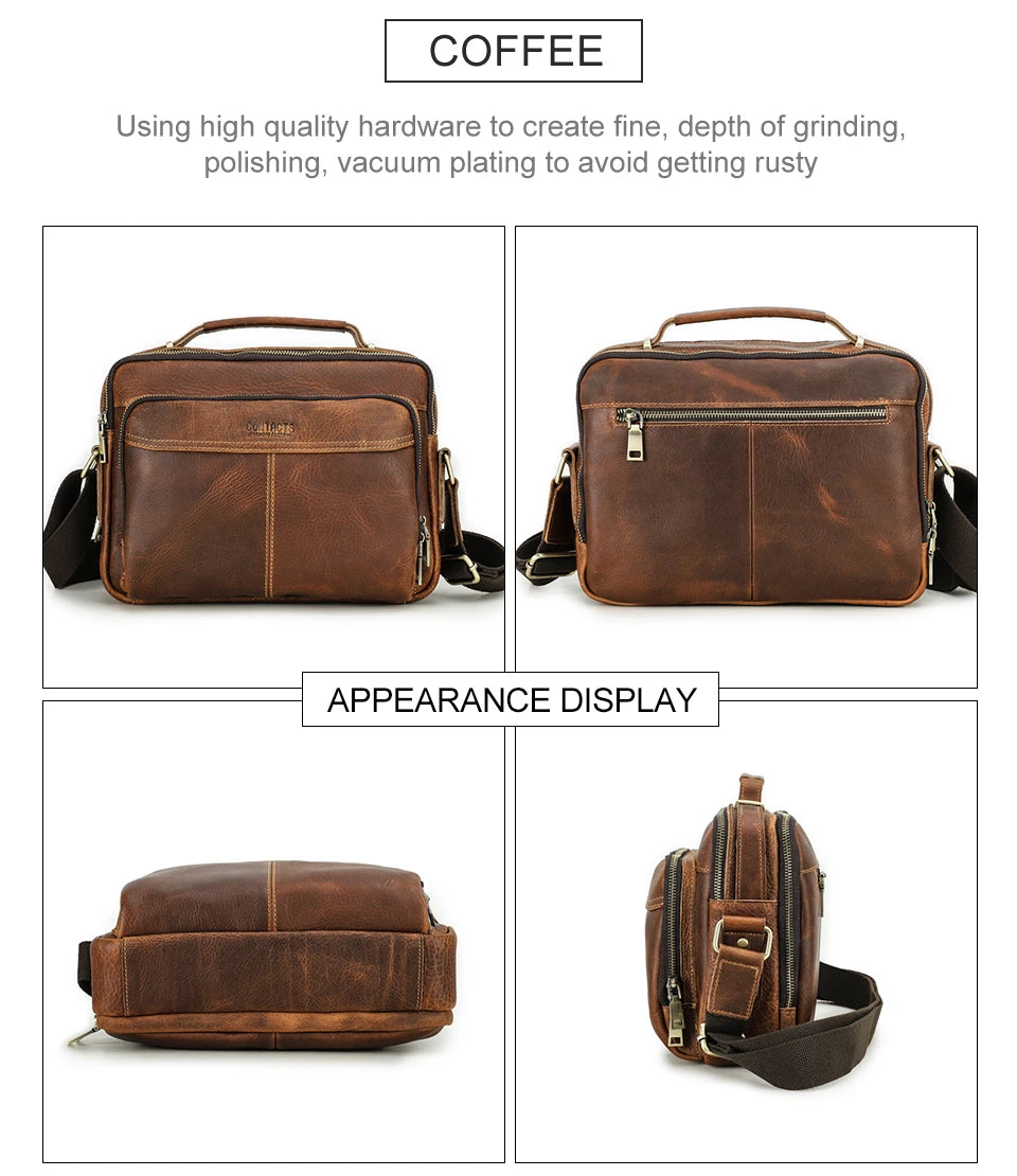CONTACT'S Crazy Horse Leather Men Messenger Bag Vintage Man Crossbody Bag Handbags Large Capacity Male Shoulder Bags Bolsos