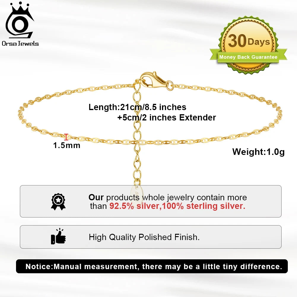 ORSA JEWELS 925 Sterling Silver Mariner Chain Anklets Fashion Women Summer 14K Gold Foot Bracelet Ankle Straps Jewelry SA24