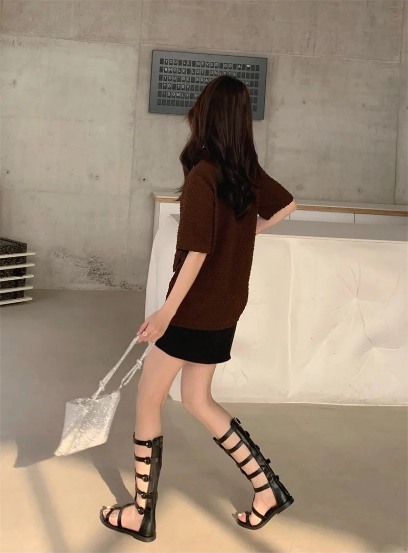 Knee High Summer Boots Gladiator Rome Sandals Mid-Calf Boots Booties Open Toe Strappy T-tied Strap Flat Heel Shoes Girl Women