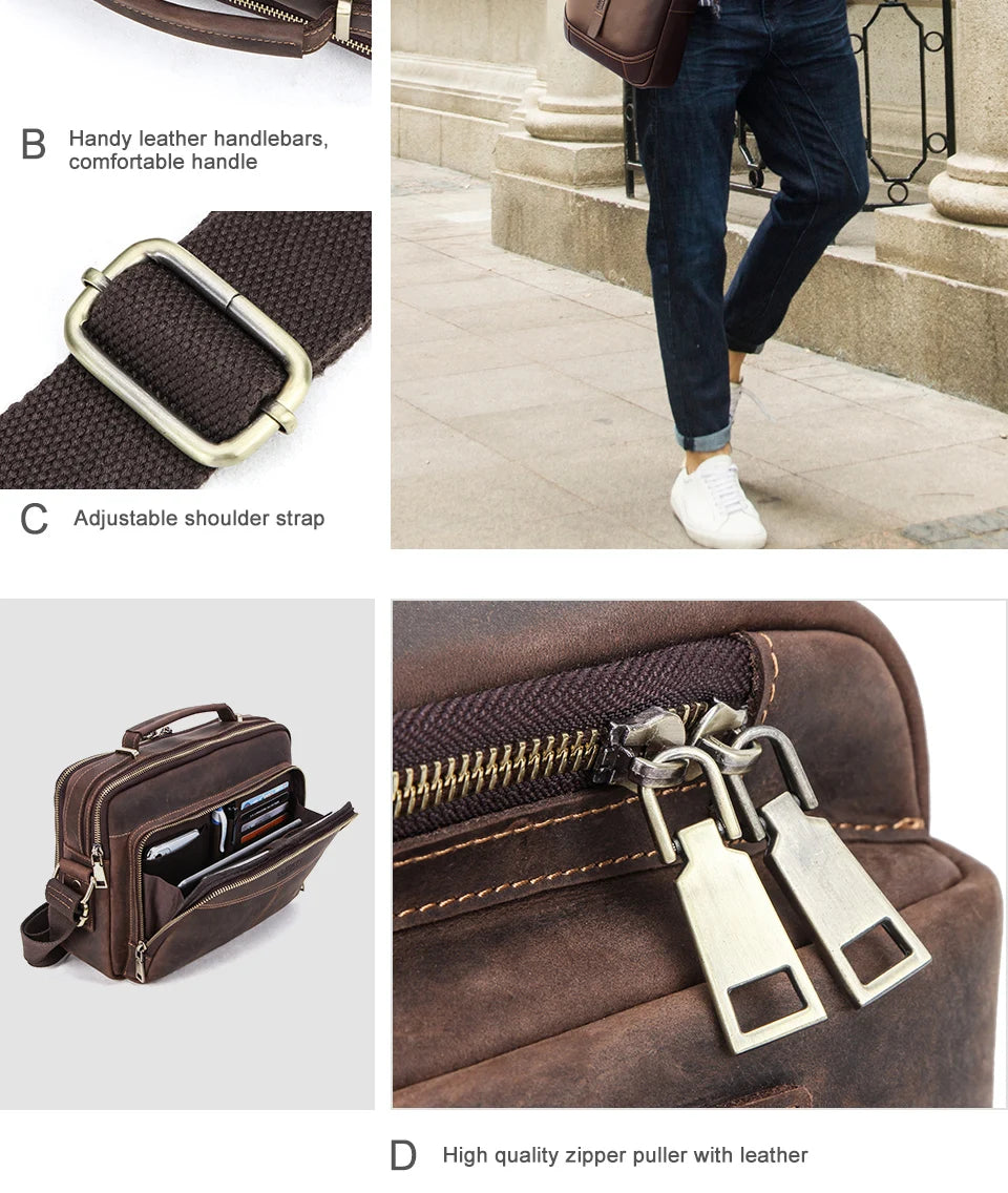 CONTACT'S Crazy Horse Leather Men Messenger Bag Vintage Man Crossbody Bag Handbags Large Capacity Male Shoulder Bags Bolsos