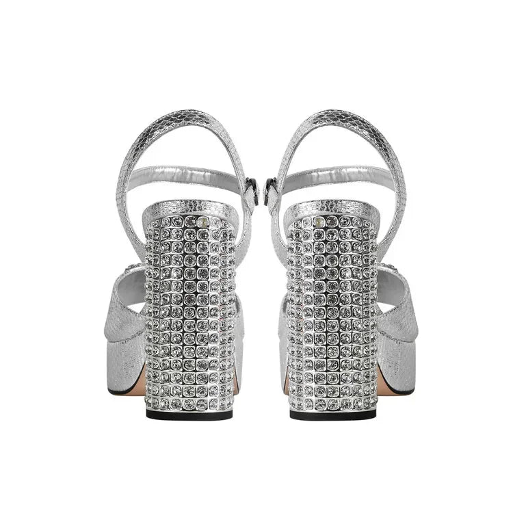 Square Headed Satin Banquet Sandals 2026 New Rhinestone Thick Heel High Heels 35-43 Leather Waterproof Platform Show Women Shoes