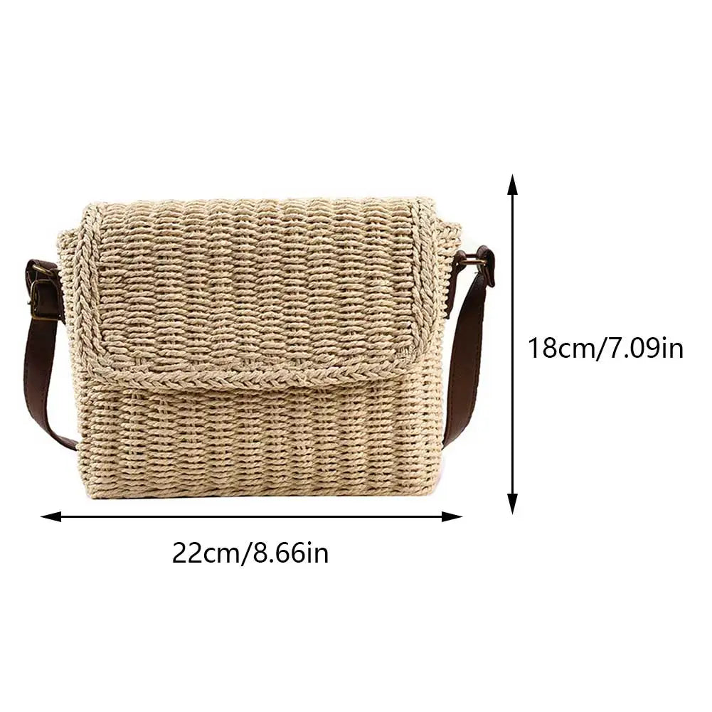 Women Weave Straw Bag Seaside Crossbody Bag Vintage Summer Straw Beach Bag Adjustable Strap Handmade Travel Flap Bag