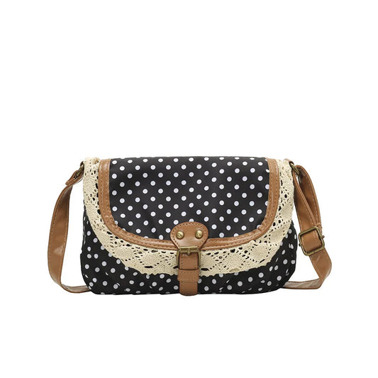 Korean Polka Point Crossbody Shoulder Bag,Vintage Canvas Lace Women Flap Sling Bag,Contrast Color Sweet Commuter Compact Purse