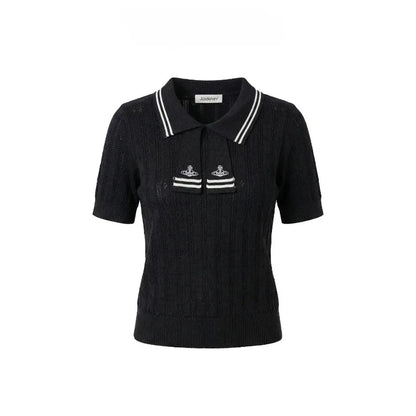 Summer College Style Knitted Collar Girls' T-shirt Simple, Breathable, Comfortable Short Sleeved Commuting Texture High-end Top