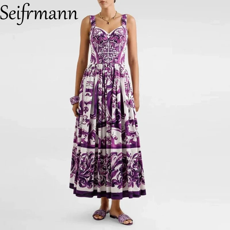 Seifrmann Baroque print Slim Ball Gown Dress Spaghetti Strap Backless Pleated Splicing Casual Holiday A-Line Cotton Dresses