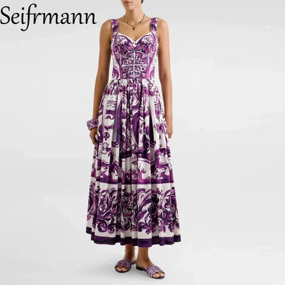 Seifrmann Baroque print Slim Ball Gown Dress Spaghetti Strap Backless Pleated Splicing Casual Holiday A-Line Cotton Dresses