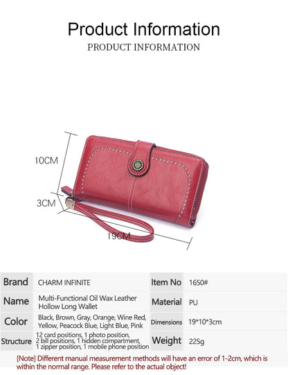 Vintage Large Capacity Women's Purse, Monochromatic, Multi-card, Long Wallet, Multi-function Zipper Strap, Wrist Strap, New