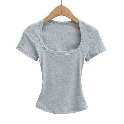 Square Collar High Stretch Summer Crop Tops Women Short Sleeve Tops Sexy Pullover Bottoming Blouses Slim T-shirt