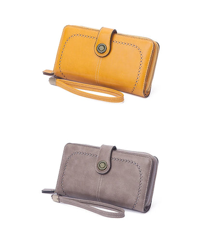 Vintage Large Capacity Women's Purse, Monochromatic, Multi-card, Long Wallet, Multi-function Zipper Strap, Wrist Strap, New