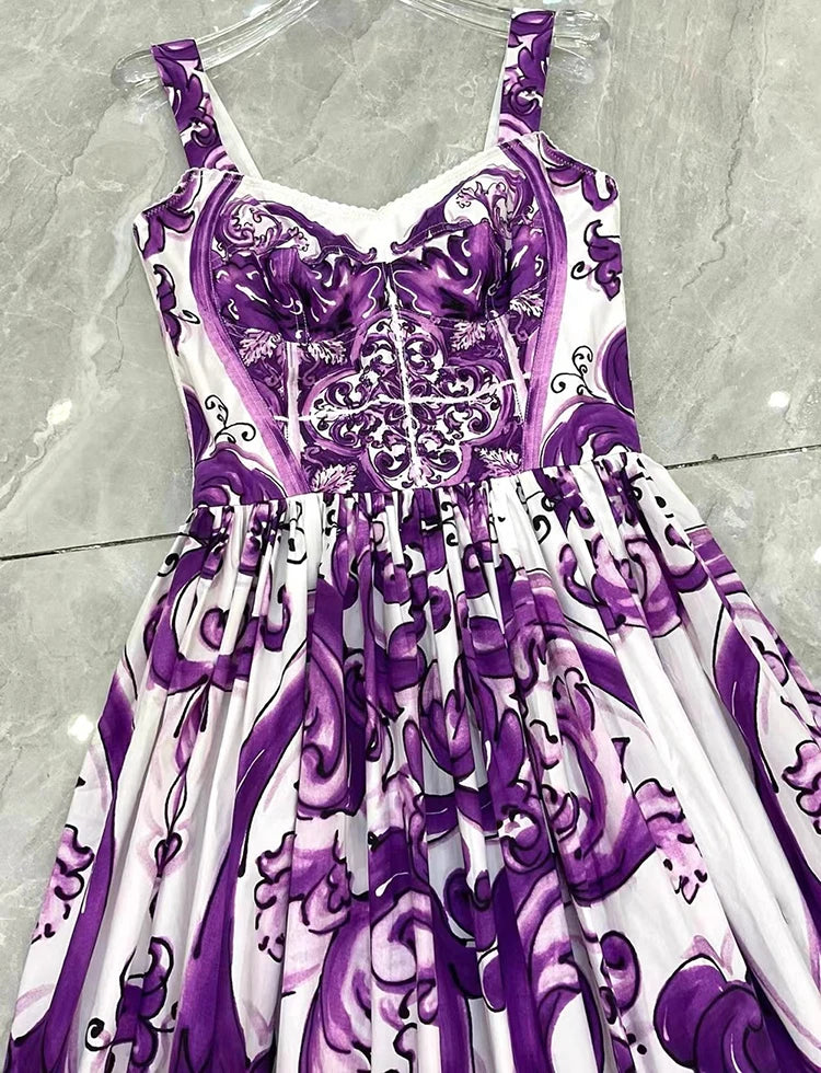 Seifrmann Baroque print Slim Ball Gown Dress Spaghetti Strap Backless Pleated Splicing Casual Holiday A-Line Cotton Dresses