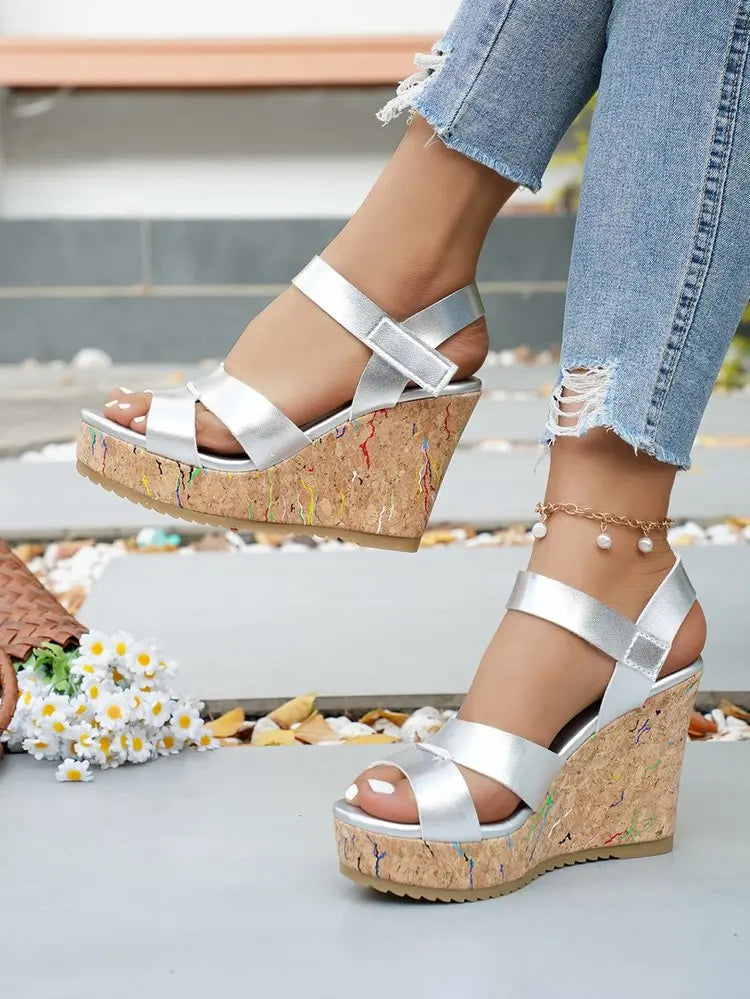 Women's Silver Chunky Platform Sandals 2026 Summer Cork Thick Sole Wedge Sandals Woman Plus Size 43 Pu Leather Casual Shoes