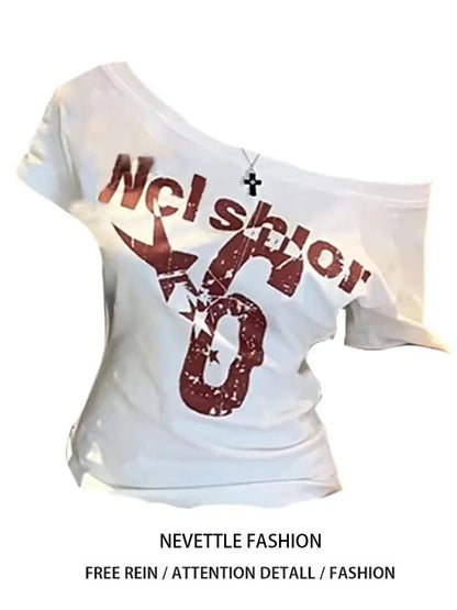 Summer Y2k Sport Off shoulder Top Women Sexy Vintage 2000s Short sleeve T shirt  Lady Body Basic Crop Top Female Casual