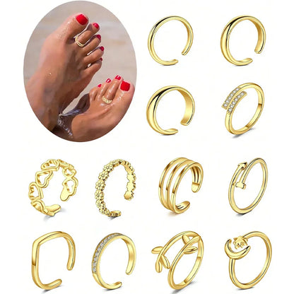 4pcs Stainless Steel Toe Ring Pack Set Hollow Love Flower Leaves Spot Drill Moon Multi-Style Size Adjustable Summer Beach Must