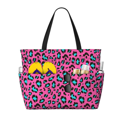 Leopard Print Large Waterproof Beach Bag for Women Sandproof Tote Bag Pool Bag with Zipper and Pockets for Travel Vacation Gym