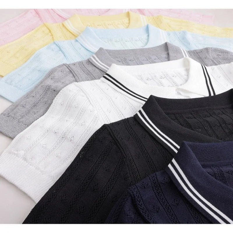 Summer College Style Knitted Collar Girls' T-shirt Simple, Breathable, Comfortable Short Sleeved Commuting Texture High-end Top