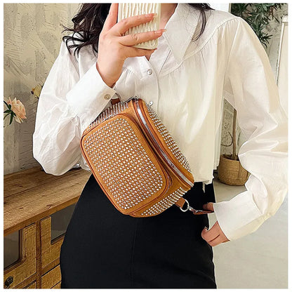 Fashion Shiny Women crossbody bags PU leather Wide strap Female Shoulder bags Ladies Waist Pack and Purses Saddle Chest Bags