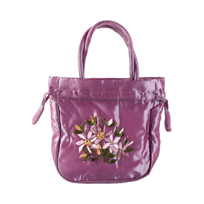 Satin Silk Hanfu Drawstrings Bag Leaf Ethnic Style Embroidery Flower Handbag Cosmetic Makeup Bag Mommy Bag Small Purse Wallet
