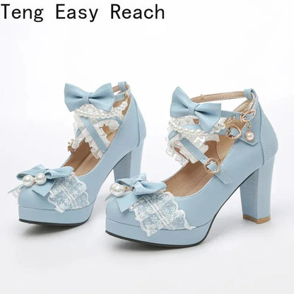 Cross Strap Women High Heels Mary Jane Pumps Party Wedding Cosplay White Pink Black Strawberry Bow Princess 2025 Lolita Shoes