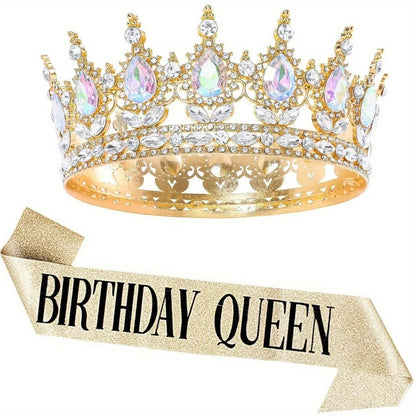 Bling Rhinestones Birthday Party Kit Tiara Crown Queen Sash Women Girl Happy Birthday Hair Accessories Prom Gifts Decorations
