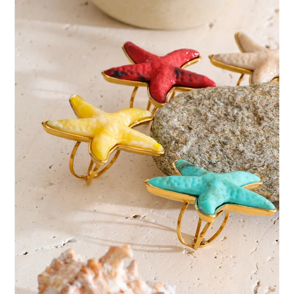 Yhpup 4 Color Ocean Style Acrylic Resin Big Starfish Adjustable Ring Stainless Steel Summer Vacation Jewelry for Women Tropical