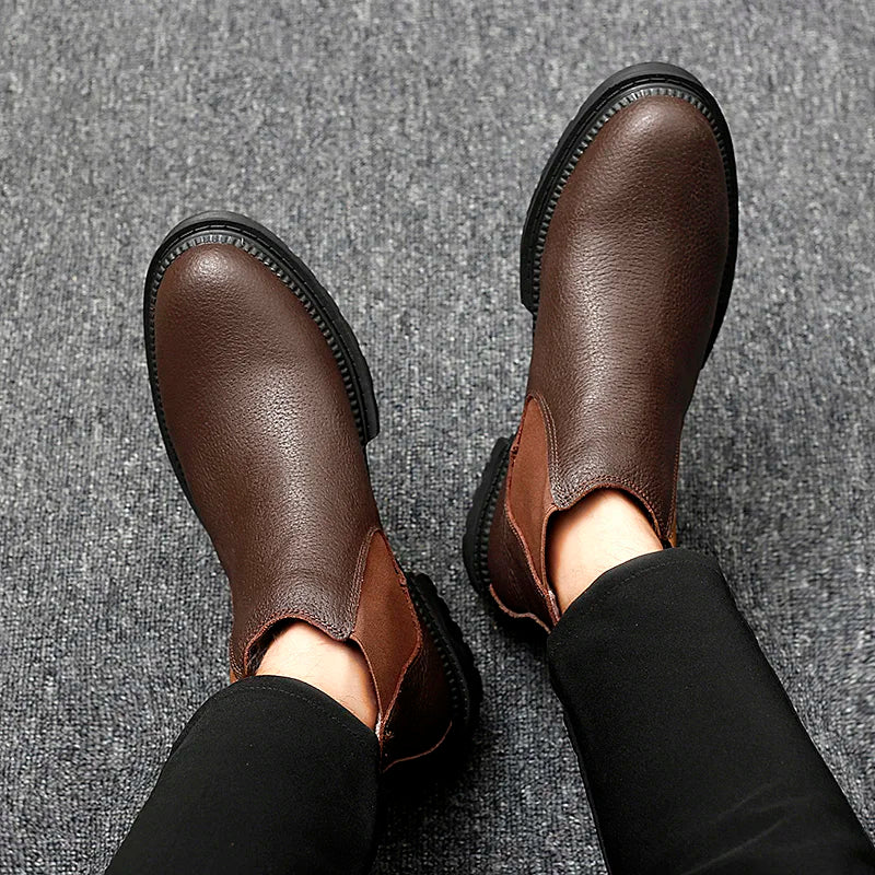 Winter Genuine Leather Ankle Chelsea Boots Men Boot Botines Hombre Black Brown