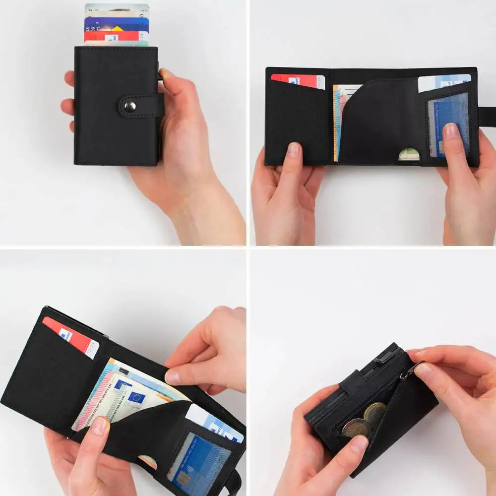 Casekey Men Credit Metal Card Holder RFID Blocking Minimalist Crazy Horse Genuine Leather Pop Up Trifold Wallet with Coin Purse
