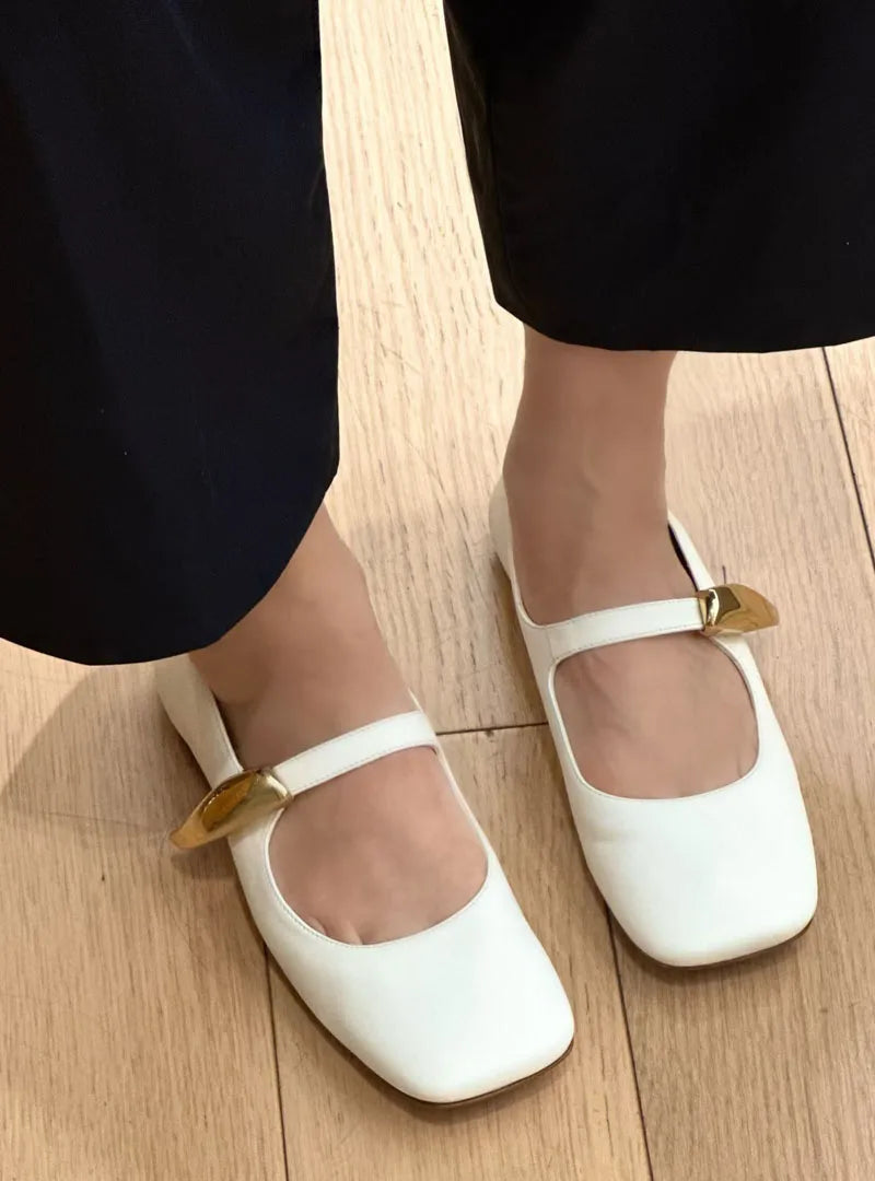 High Quality Women's Soft-soled Mary Jane Square Toe Versatile Commuter Metallic Decor One Strap Genuine Leather Flat Shoes