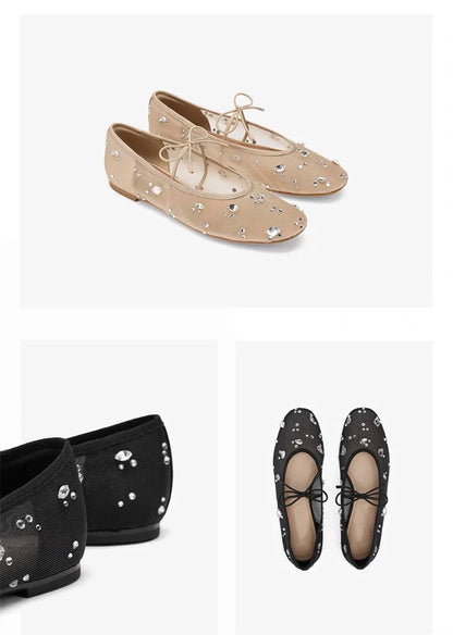 Hlieny Fashion Lace Up Mary Jane Shoes Women Elegant Ballet Flats Crystal Rhinestone Mesh Round Toe Loafers Ladies Mules Sandals